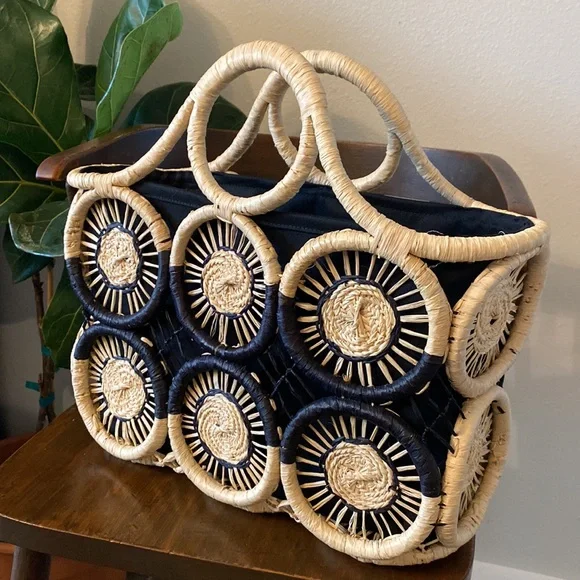 Tommy Bahama Women's Black Tan Medallion Straw Ring Handle Basket Tote Bag - Picture 3 of 11